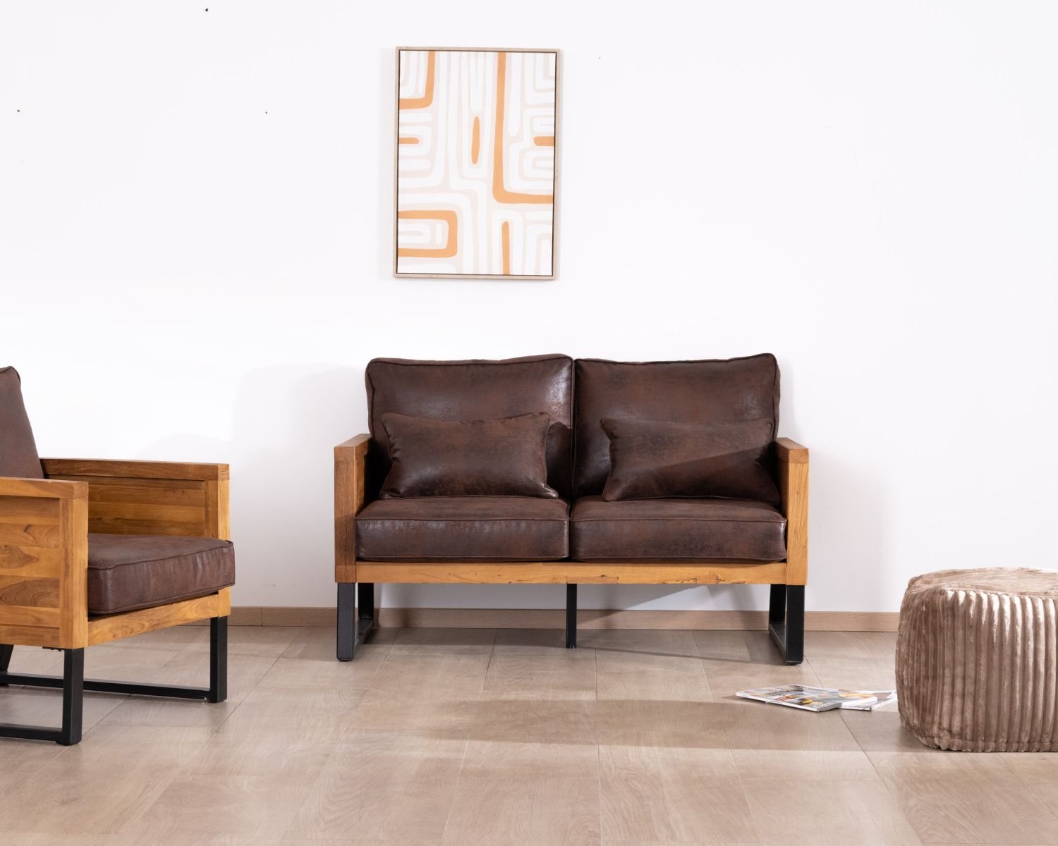 Divano a 2 posti "Roster" in legno di teak e tessuto in similpelle avana