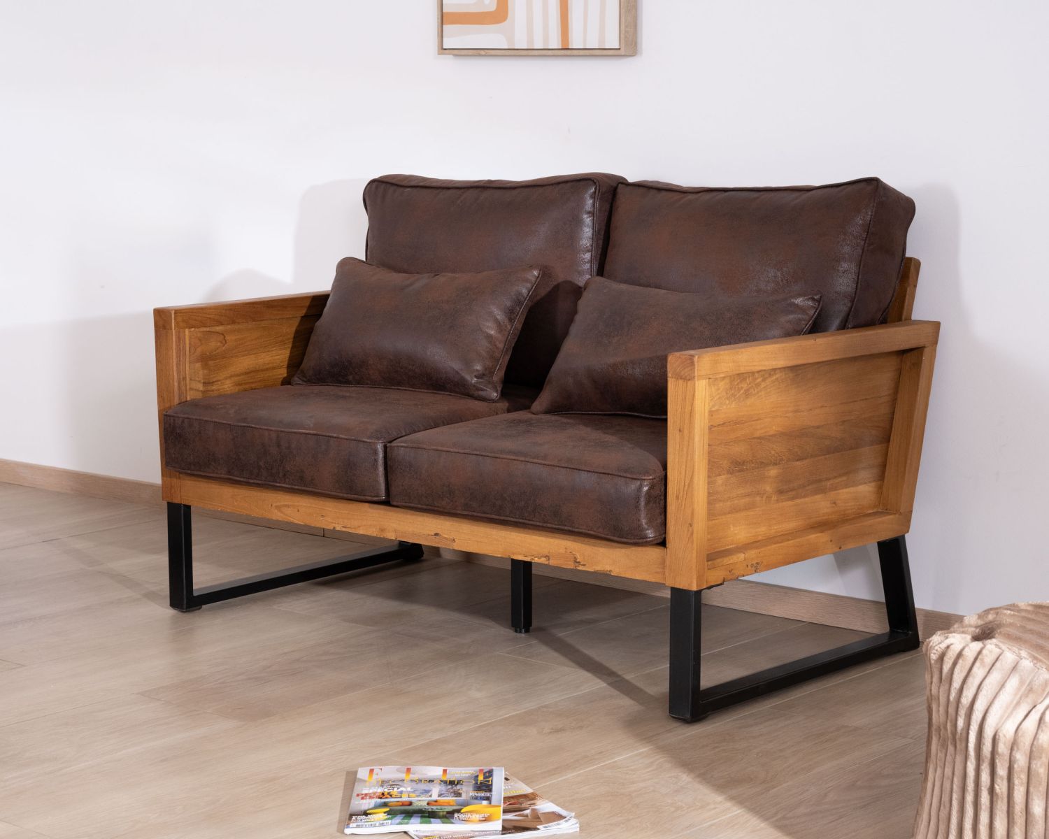 Divano a 2 posti "Roster" in legno di teak e tessuto in similpelle avana