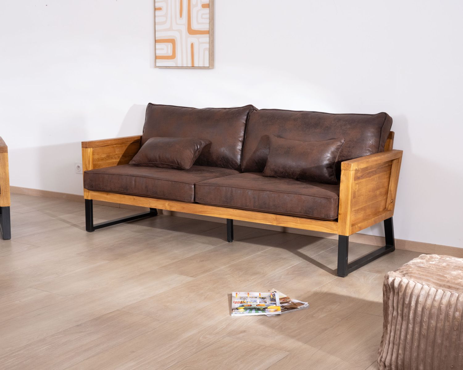 Divano 3 posti in teak e tessuto stile club 192 cm "Roster