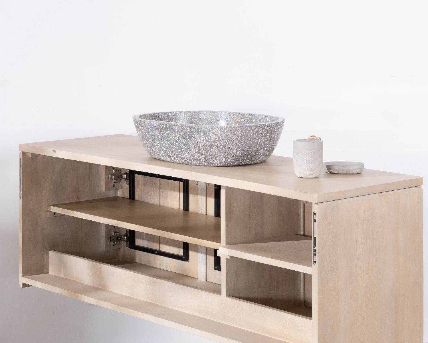 Mobiletto sospeso "Nani" da 140 cm in mango sbiancato con frontali bi-testurizzati