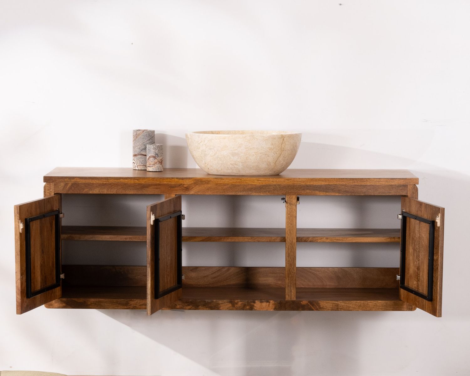 Mobiletto sospeso "Nani" da 120 cm in mango scuro con frontali bicolore