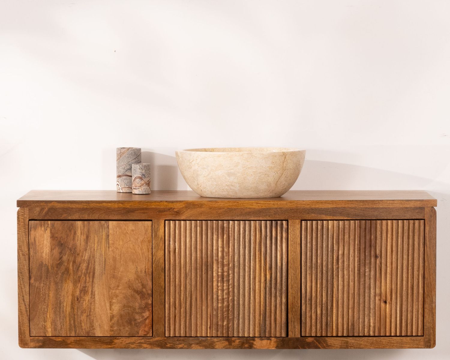 Mobiletto sospeso "Nani" da 120 cm in mango scuro con frontali bicolore