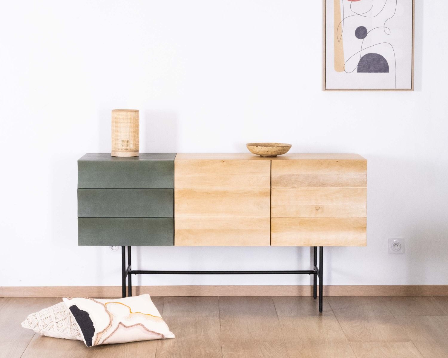 Credenza japandi "Elegancy" a 3 ante bicolore in legno e metallo 150 cm