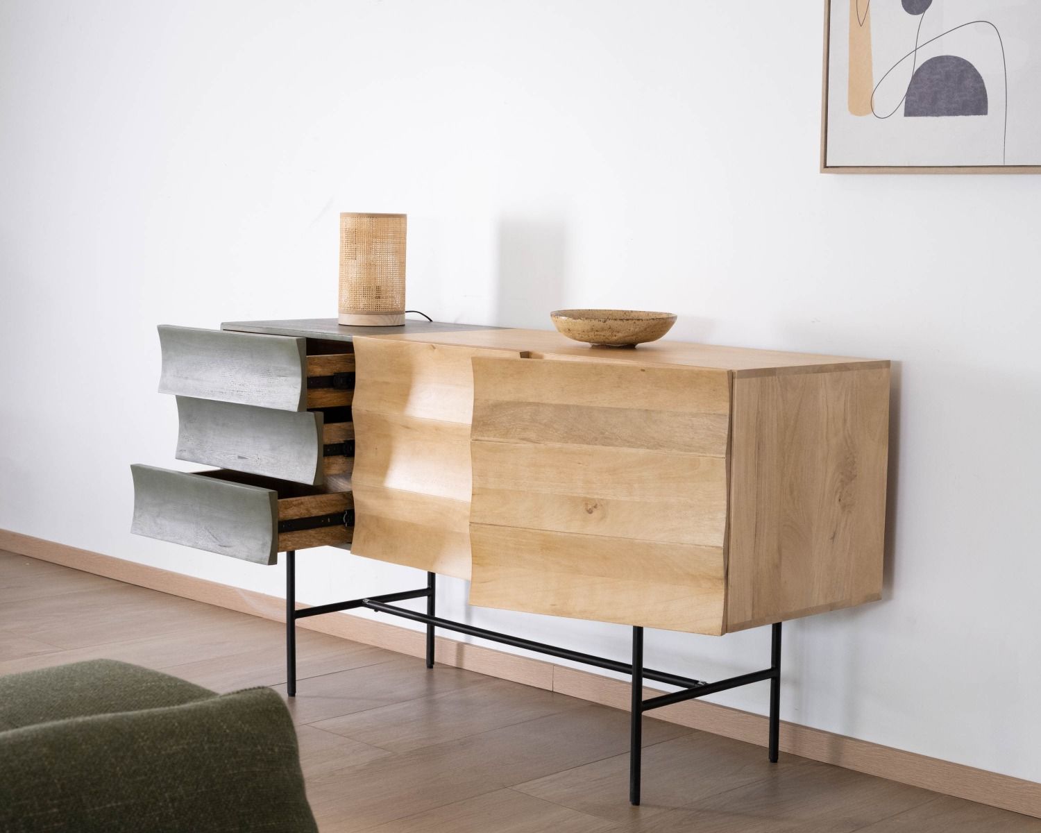 Credenza japandi "Elegancy" a 3 ante bicolore in legno e metallo 150 cm