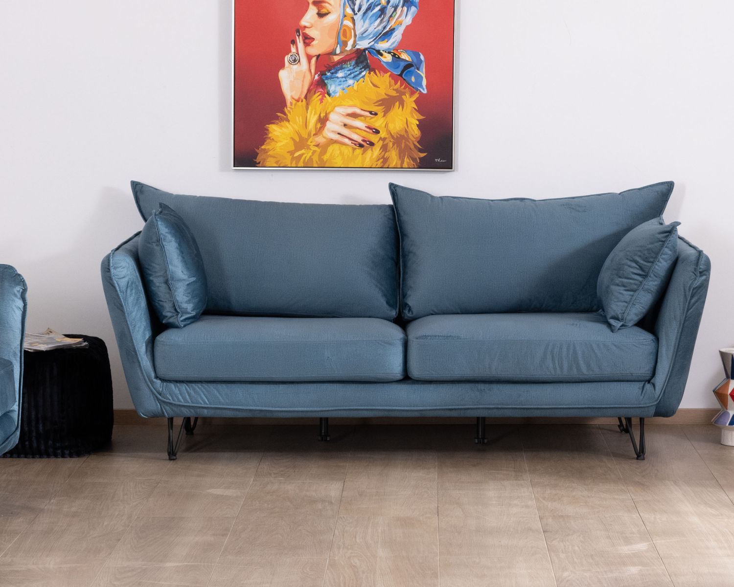 Divano blu a 3 posti dal design vintage "Hasting" in tessuto e metallo