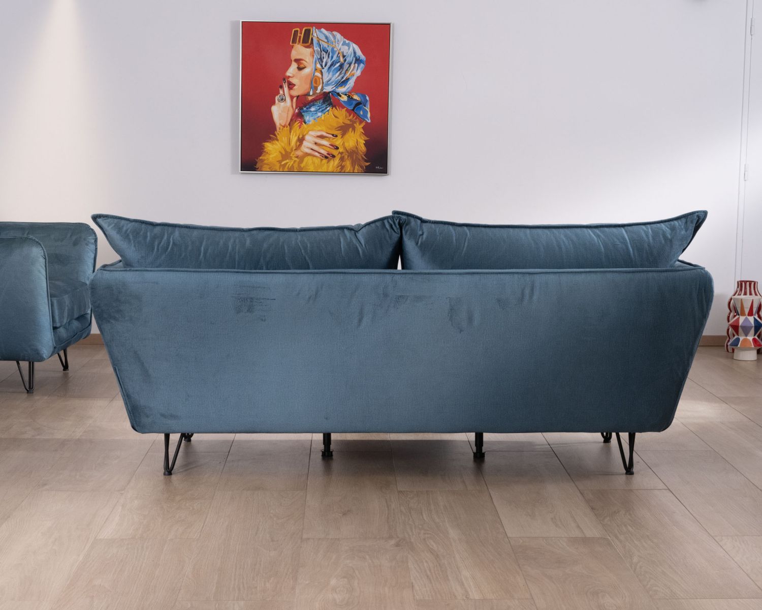 Divano blu a 3 posti dal design vintage "Hasting" in tessuto e metallo