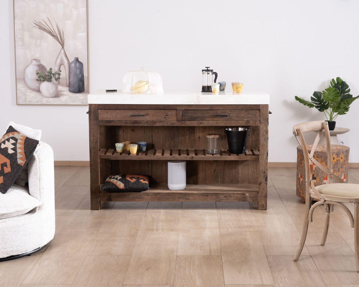  Blocco cucina "Grana" in teak di recupero con piano in marmo bianco