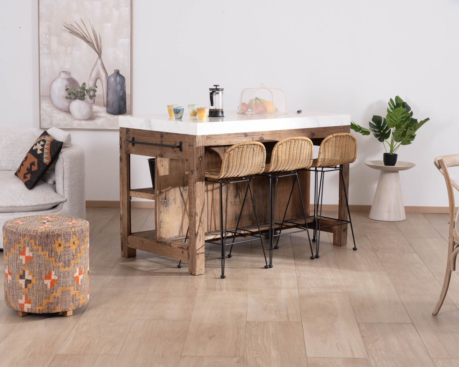  Blocco cucina "Grana" in teak di recupero con piano in marmo bianco