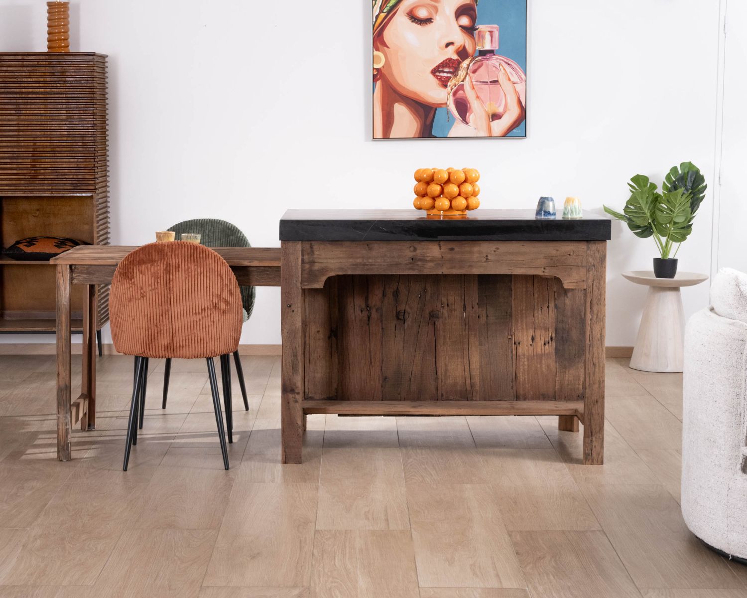  Isola della cucina in teak di recupero con zona snack "Grana" estensibile e piano in marmo nero