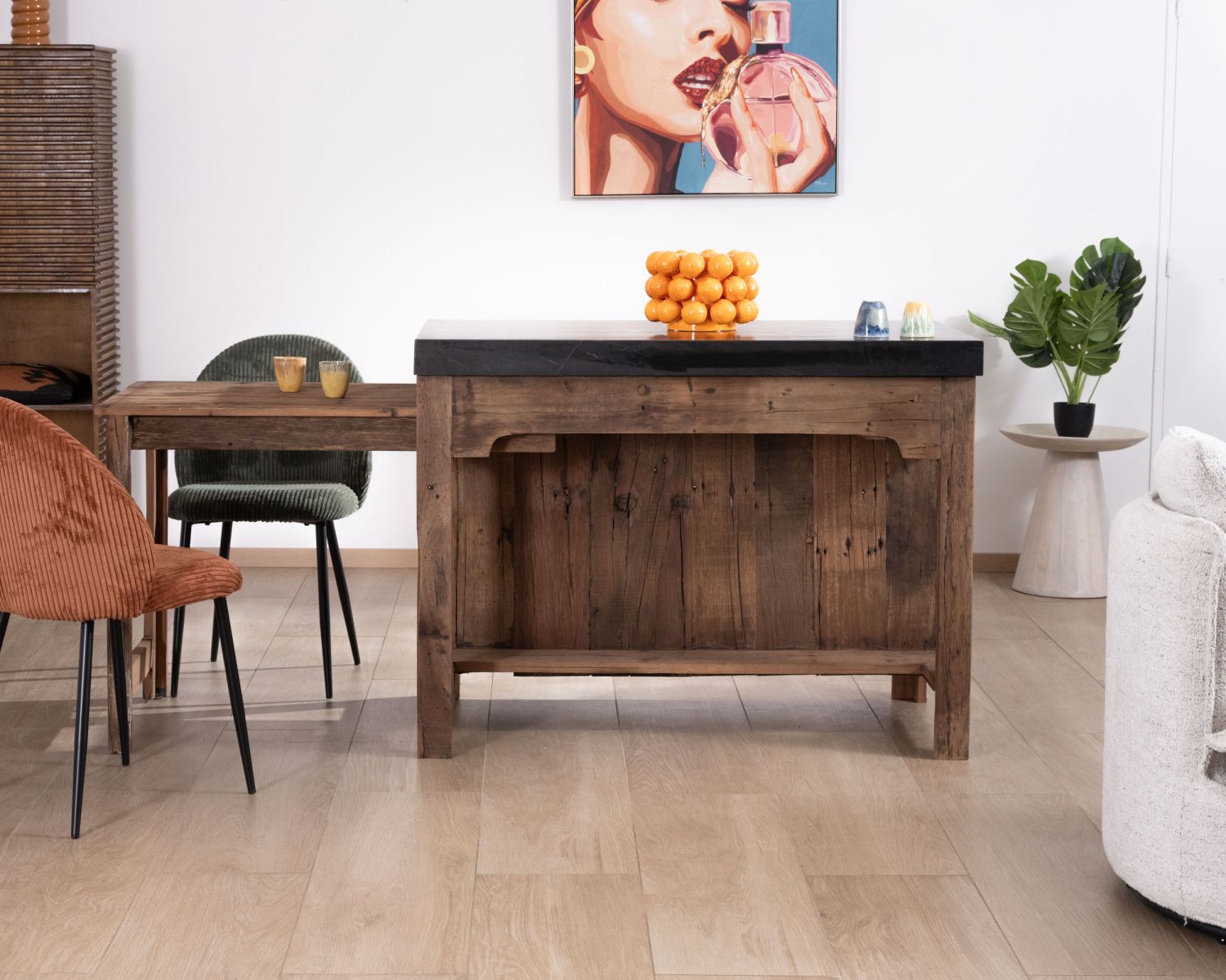  Isola della cucina in teak di recupero con zona snack "Grana" estensibile e piano in marmo nero