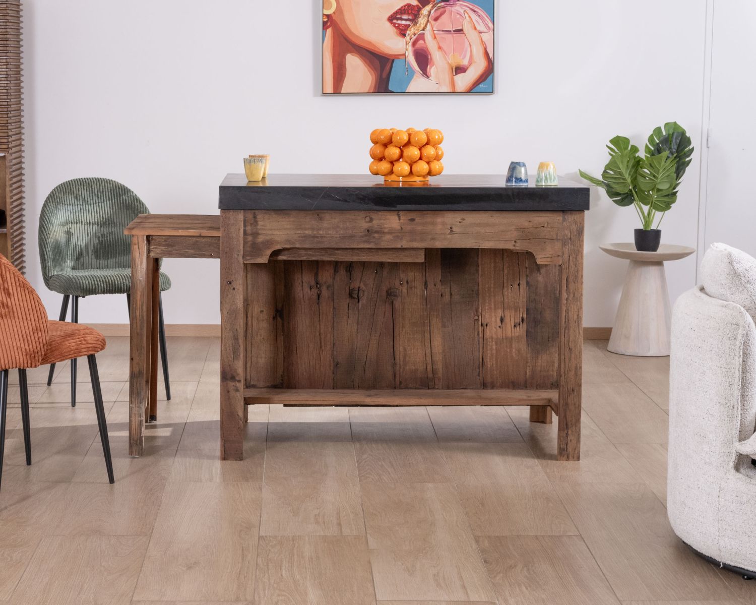  Isola della cucina in teak di recupero con zona snack "Grana" estensibile e piano in marmo nero