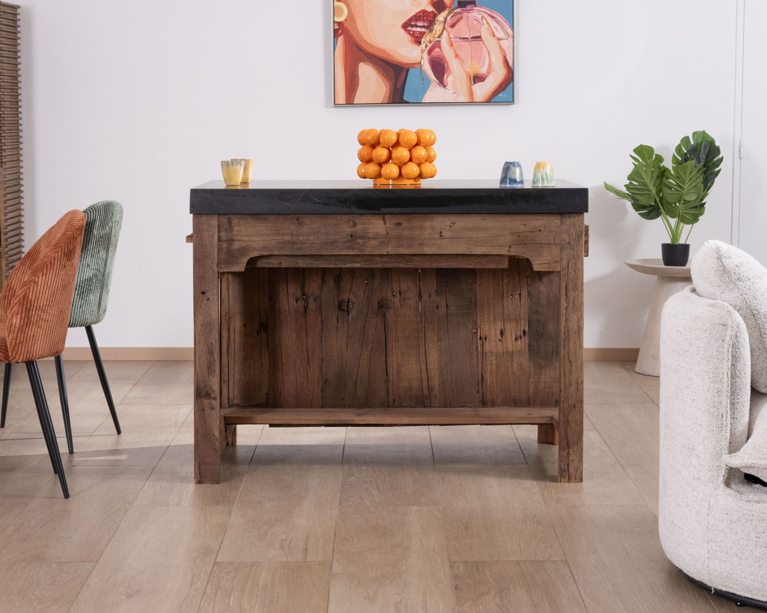  Isola della cucina in teak di recupero con zona snack "Grana" estensibile e piano in marmo nero