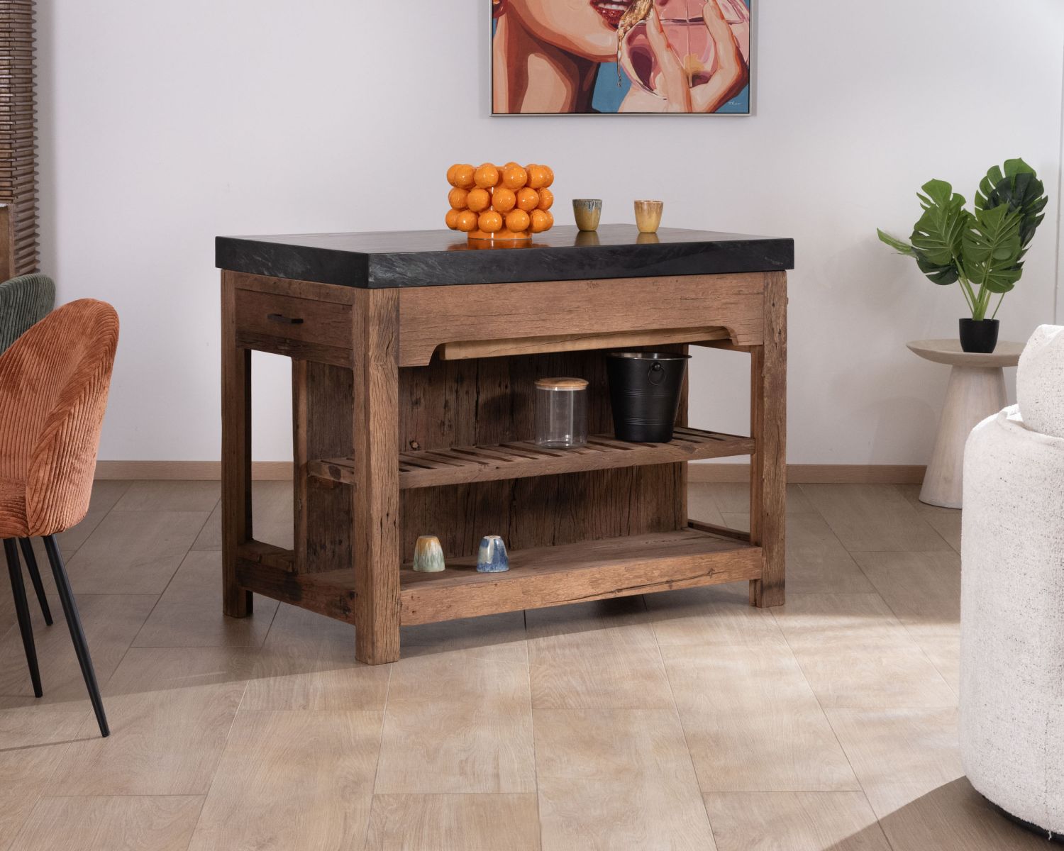  Isola della cucina in teak di recupero con zona snack "Grana" estensibile e piano in marmo nero