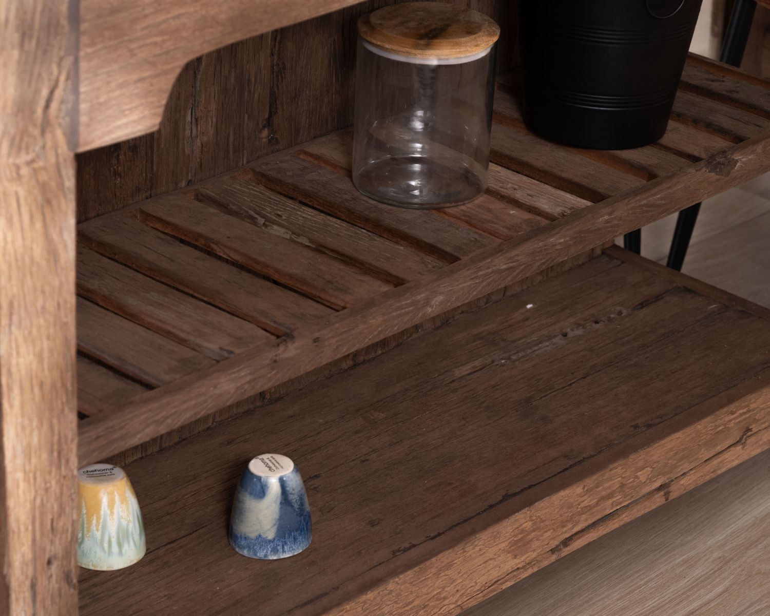  Isola della cucina in teak di recupero con zona snack "Grana" estensibile e piano in marmo nero