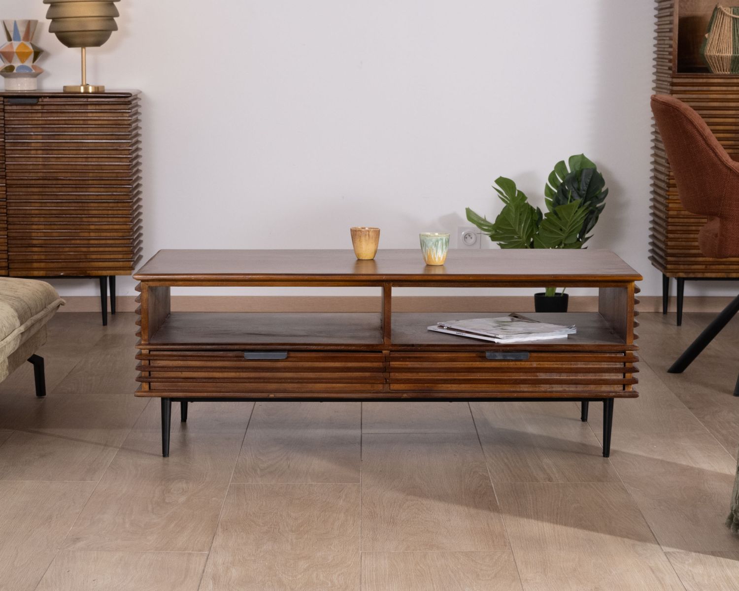 Tavolino da caffè "Sheffield" in stile retrò in teak e mango