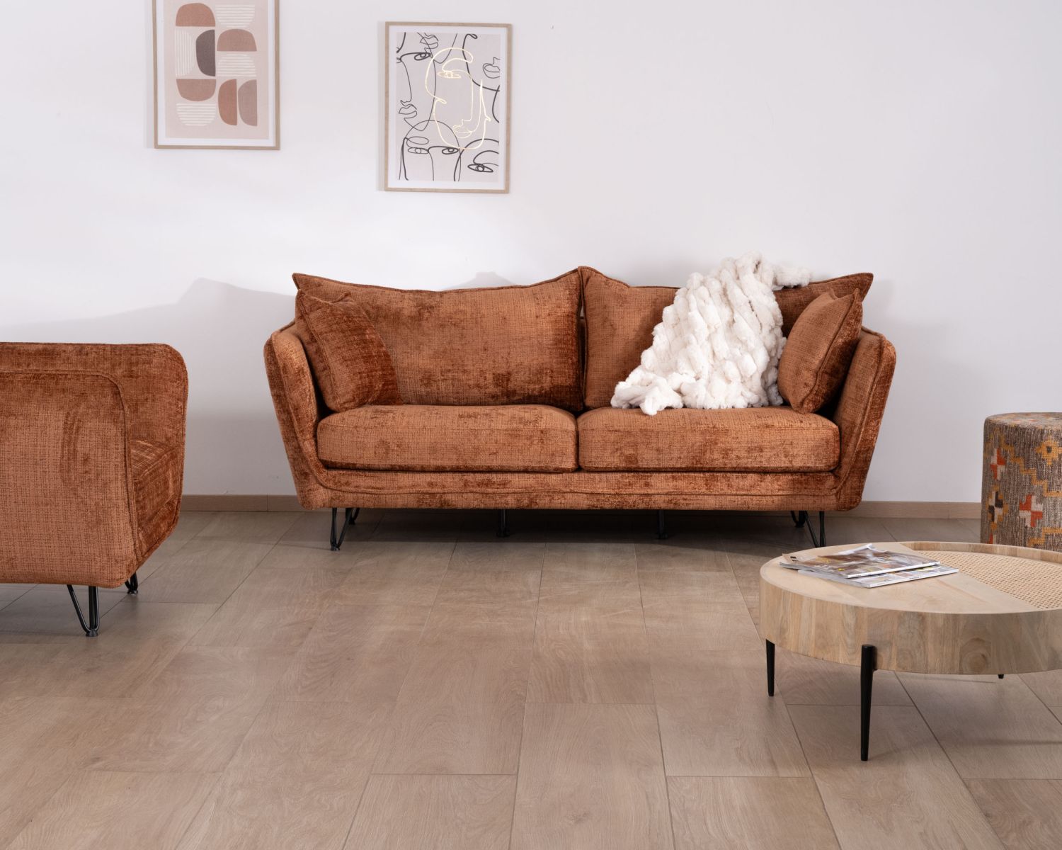 Divano a 3 posti ultraconfortevole in stile retrò in tessuto a trama terracotta "Hasting"