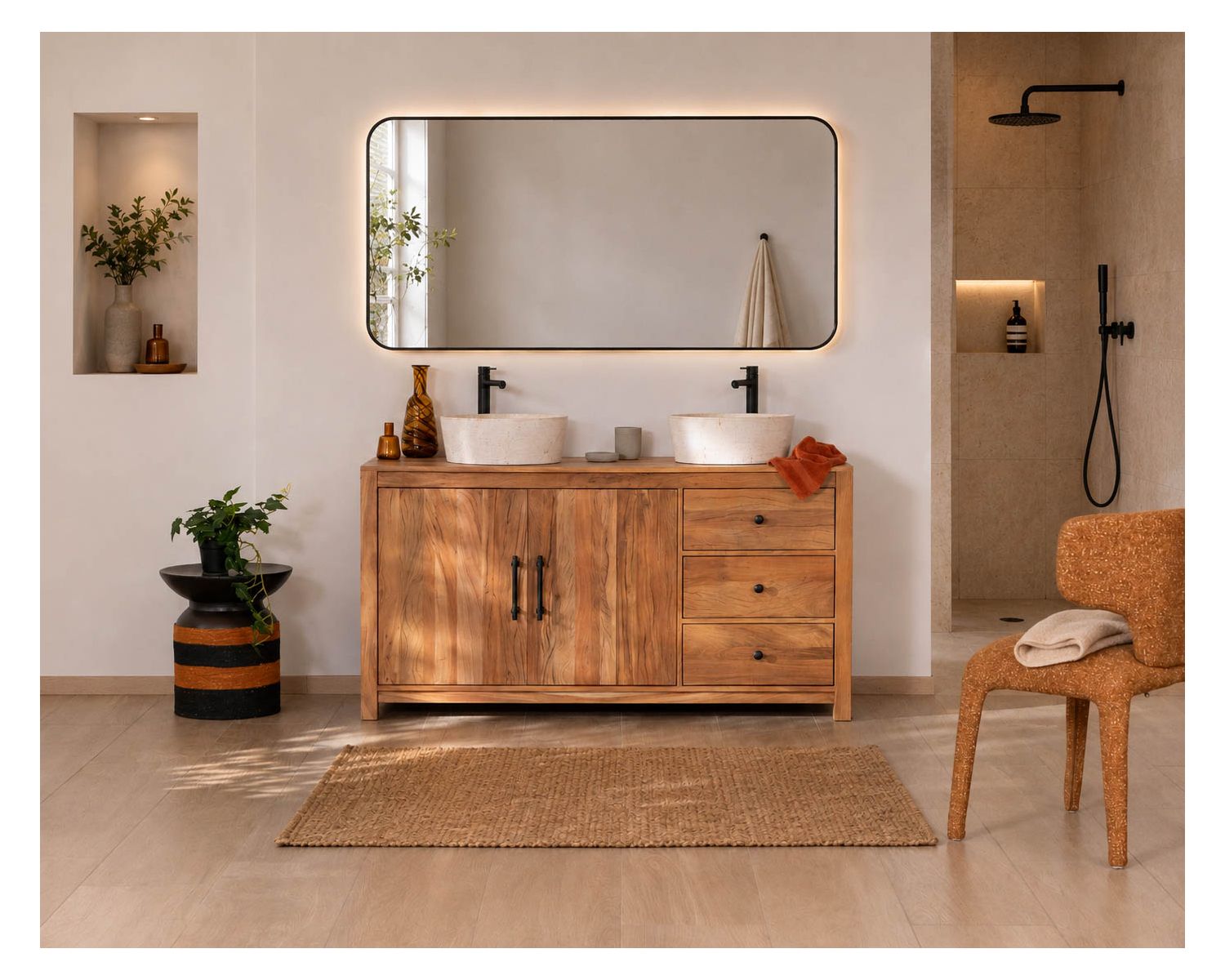 Grande mobile sottolavabo doppio in legno riciclato "Mokal" da 150 cm in stile casa di campagna