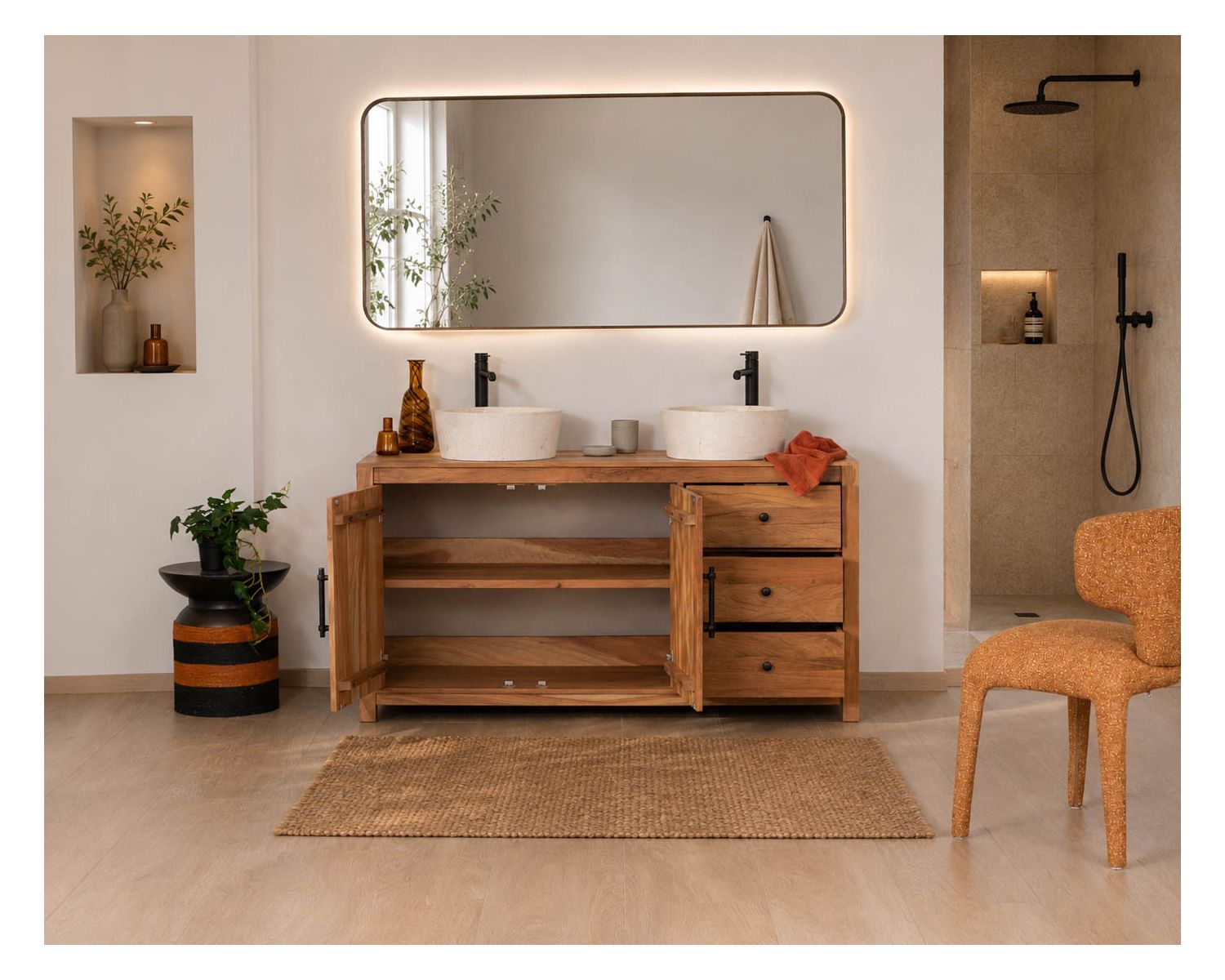 Grande mobile sottolavabo doppio in legno riciclato "Mokal" da 150 cm in stile casa di campagna