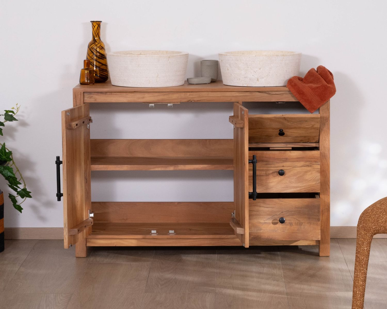Mobile lavabo da 120 cm in legno riciclato "Mokal", in stile casa di campagna