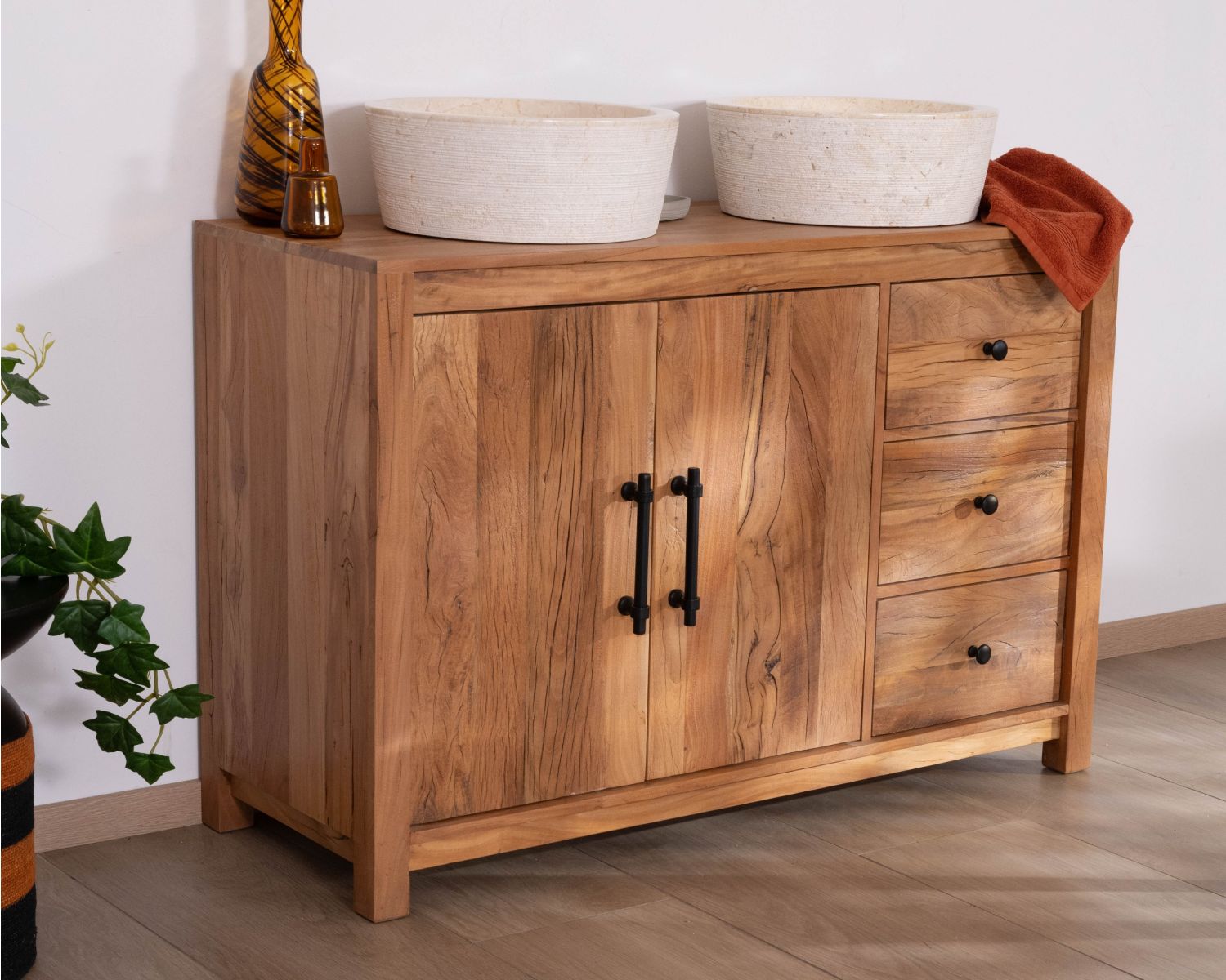 Mobile lavabo da 120 cm in legno riciclato "Mokal", in stile casa di campagna