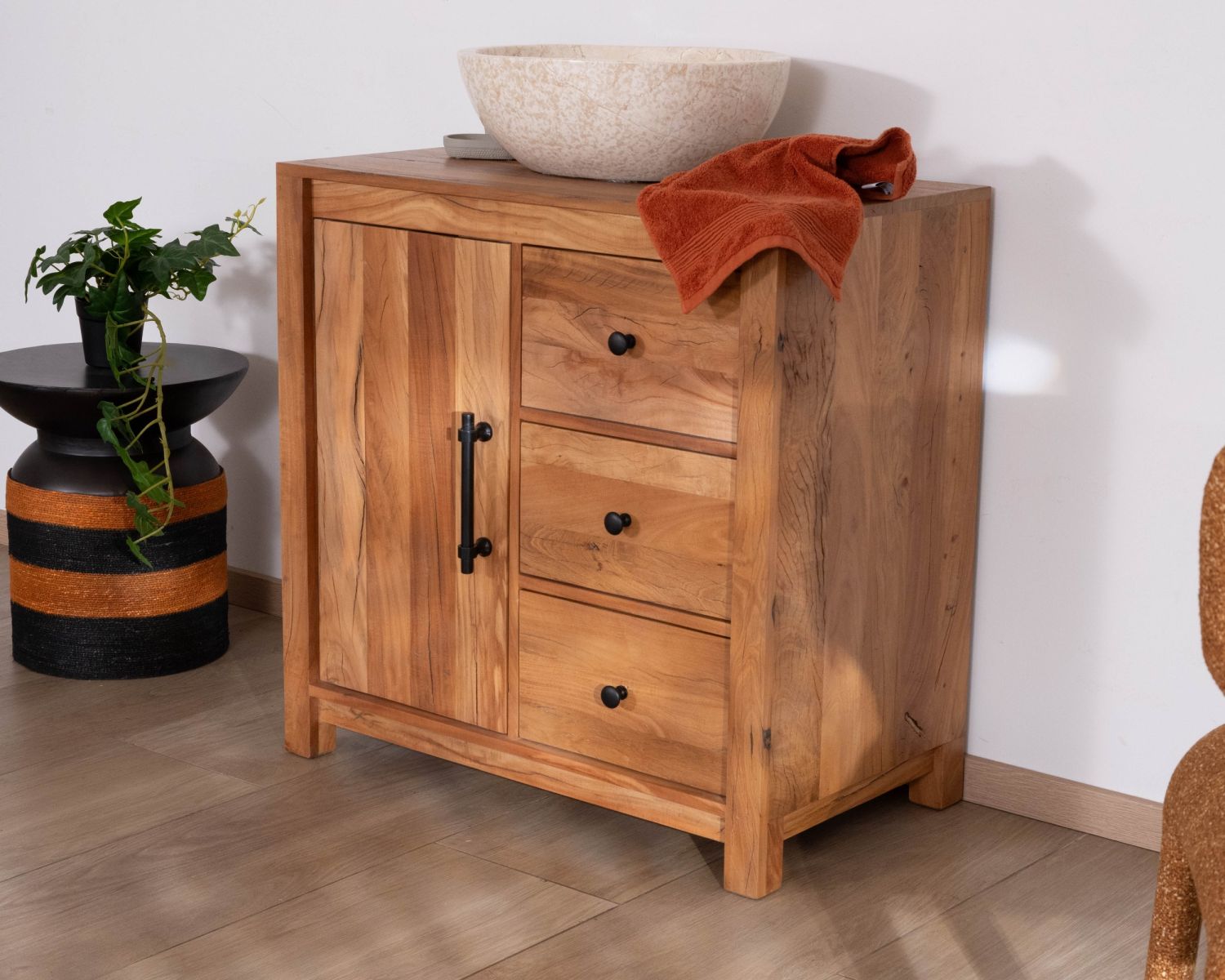 Mobile sottolavabo da 80 cm in legno riciclato "Mokal", in stile casa di campagna