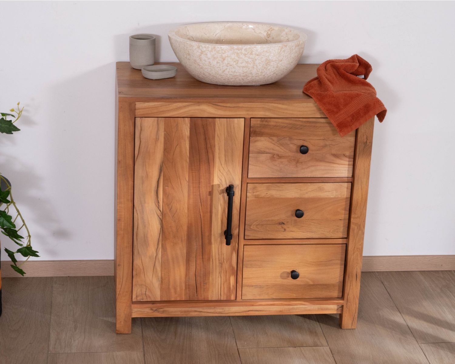 Mobile sottolavabo da 80 cm in legno riciclato "Mokal", in stile casa di campagna