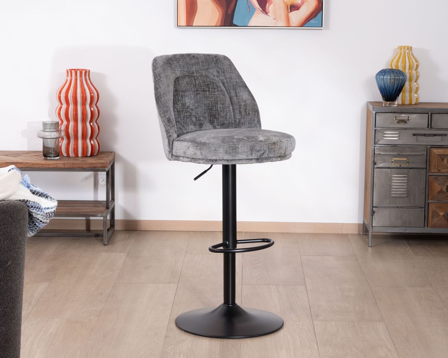 Set di 2 sedie da bar ad altezza regolabile in velluto grigio "Zoung" con gambe in metallo nero