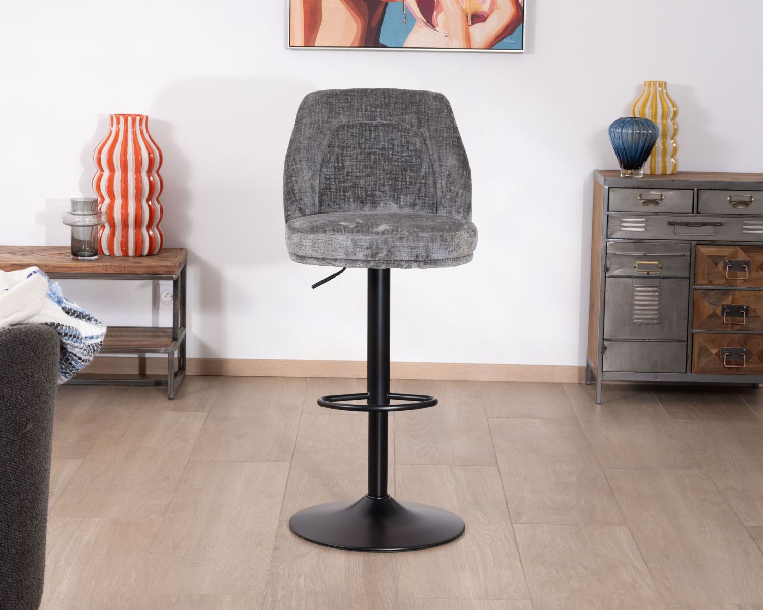 Set di 2 sedie da bar ad altezza regolabile in velluto grigio "Zoung" con gambe in metallo nero