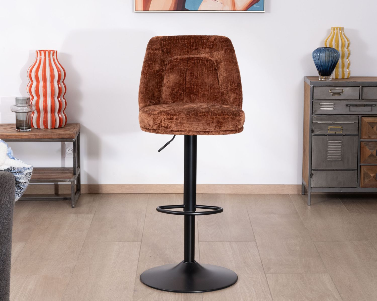 Set di 2 sedie da bar girevoli in velluto terracotta con schienale alto "Zoung", altezza regolabile