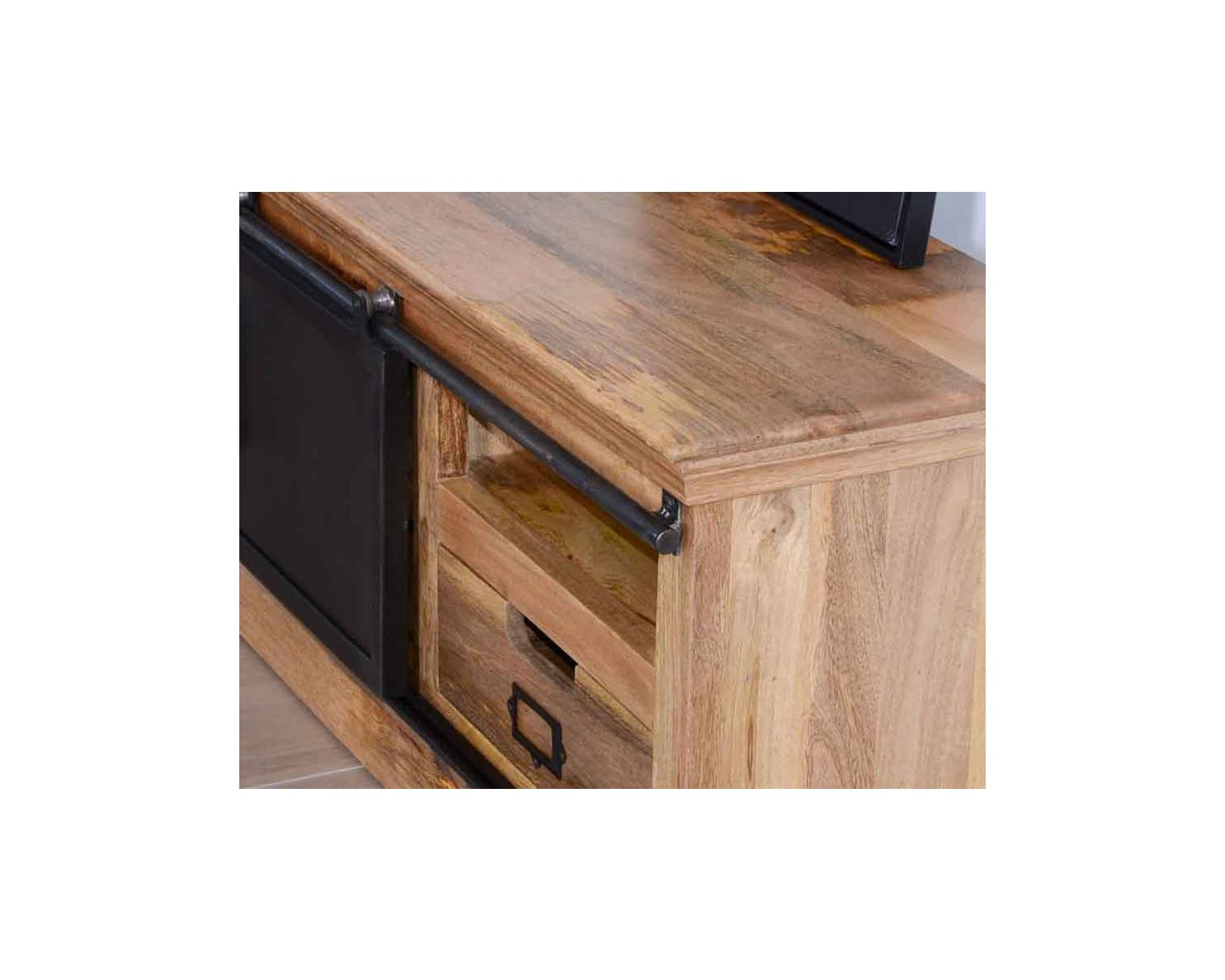 Grande porta TV basso 180 cm in legno massiccio naturale e metallo grigio "Haden