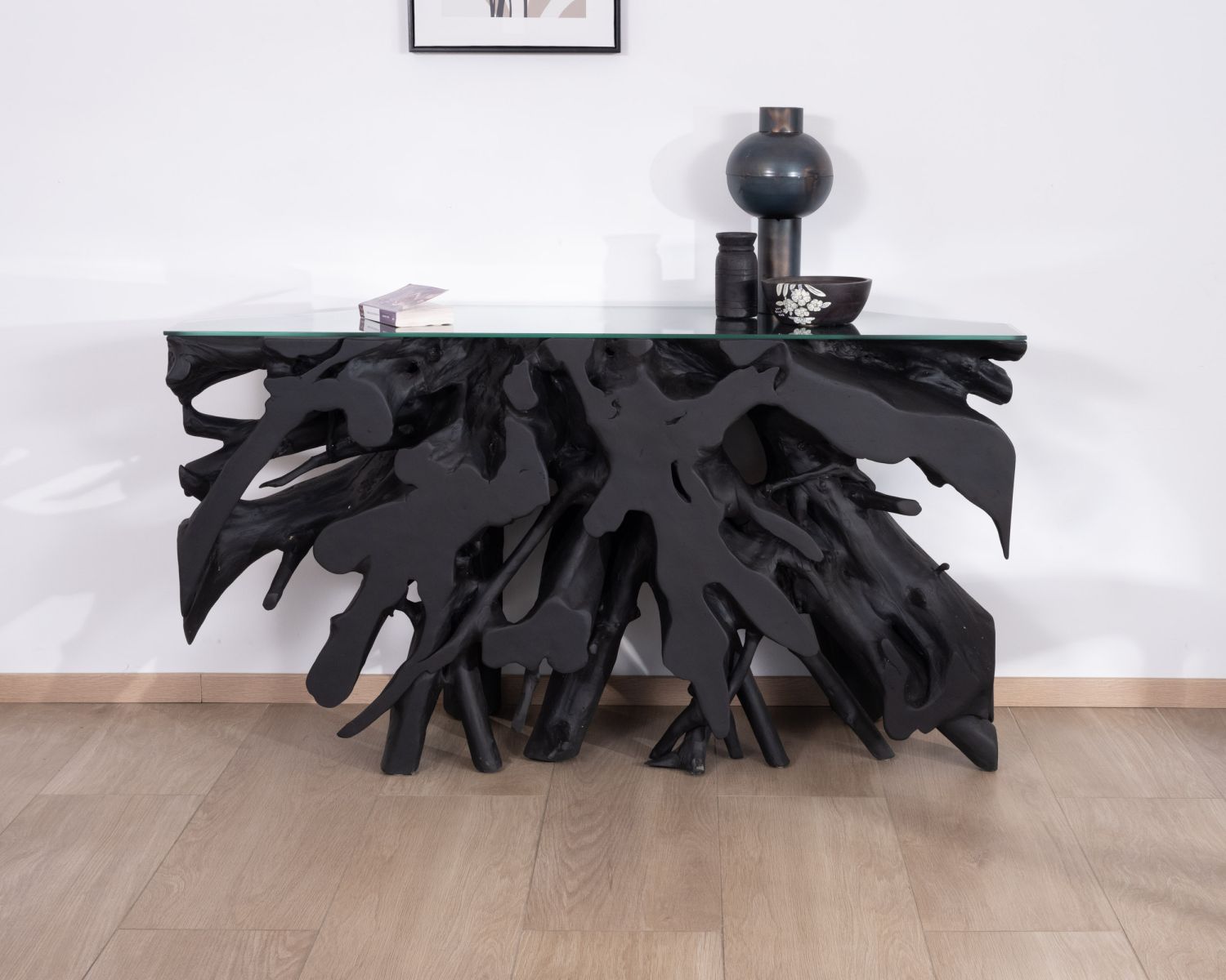 Consolle da 150 cm in radice di teak tinto nero con piano in vetro "Jungle"