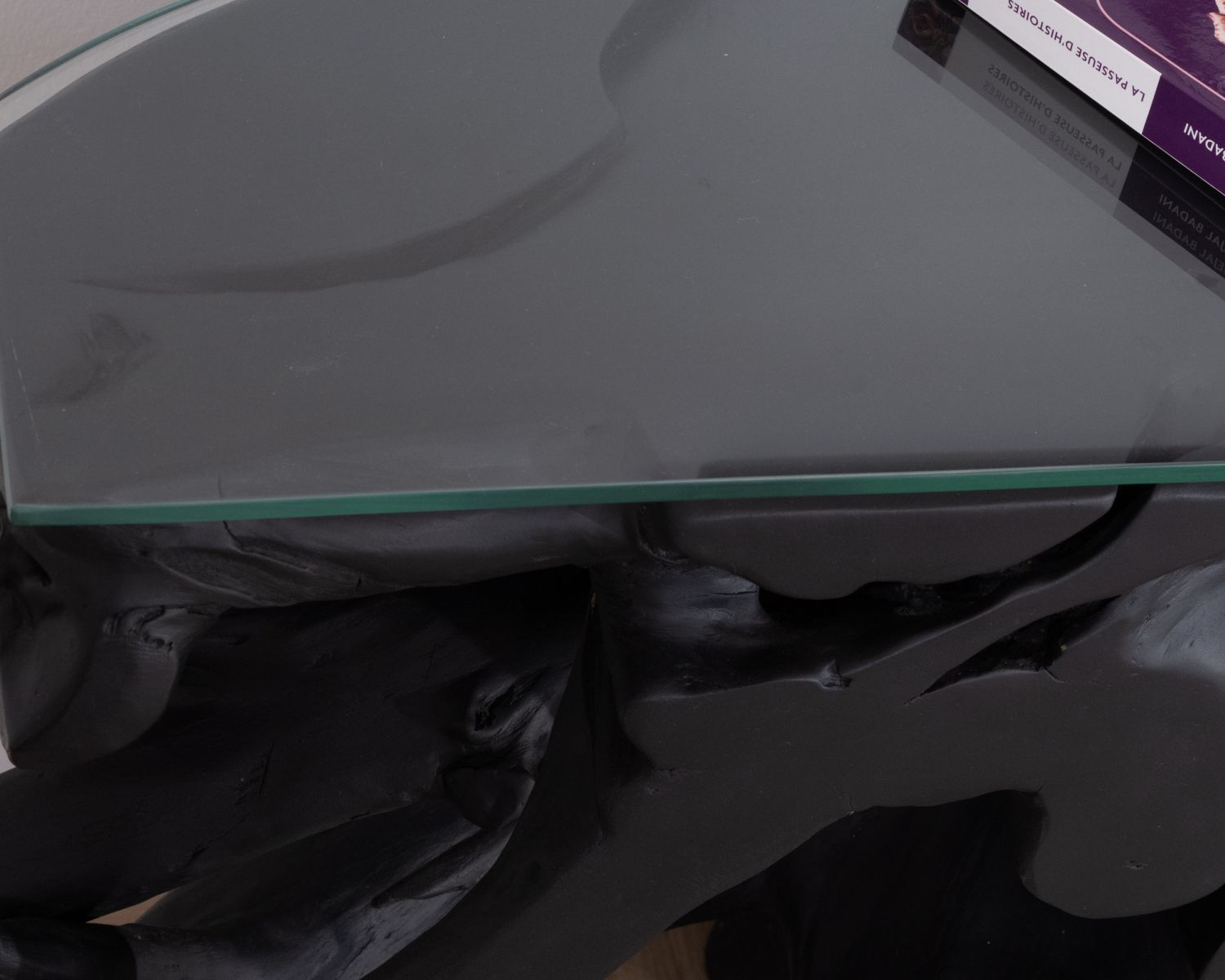 Consolle da 150 cm in radice di teak tinto nero con piano in vetro "Jungle"