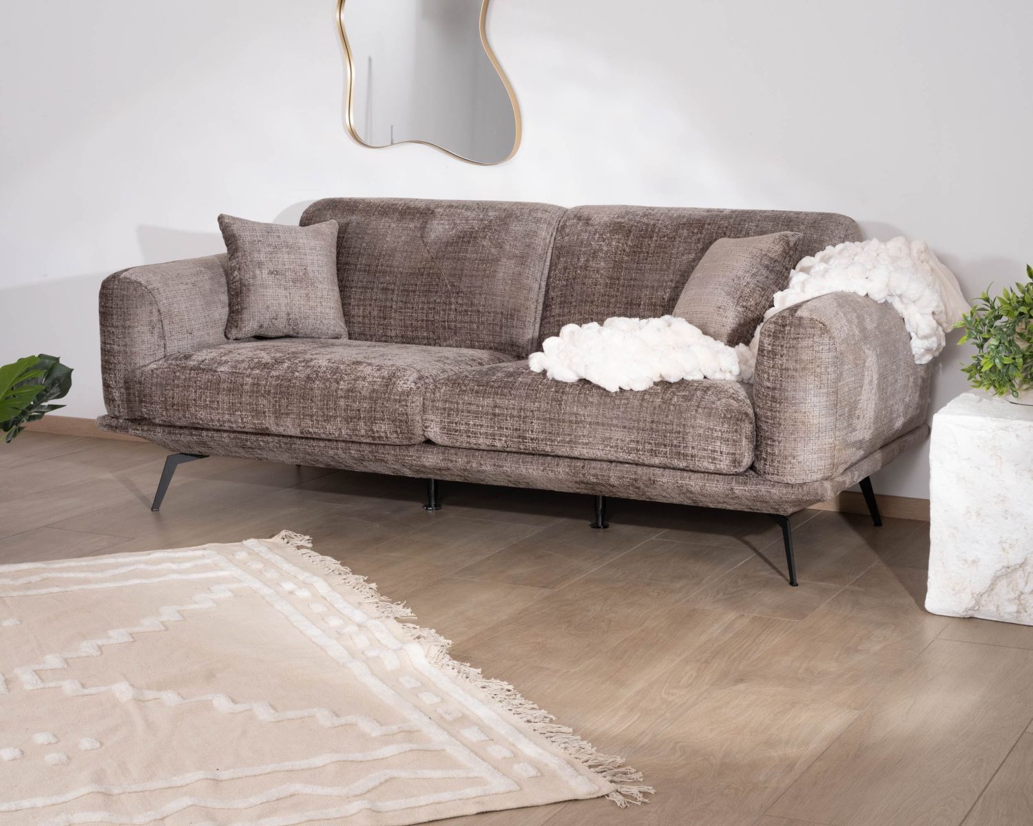 Divano a 3 posti in stile retrò "Paloma" in morbido tessuto di ciniglia grigio cenere