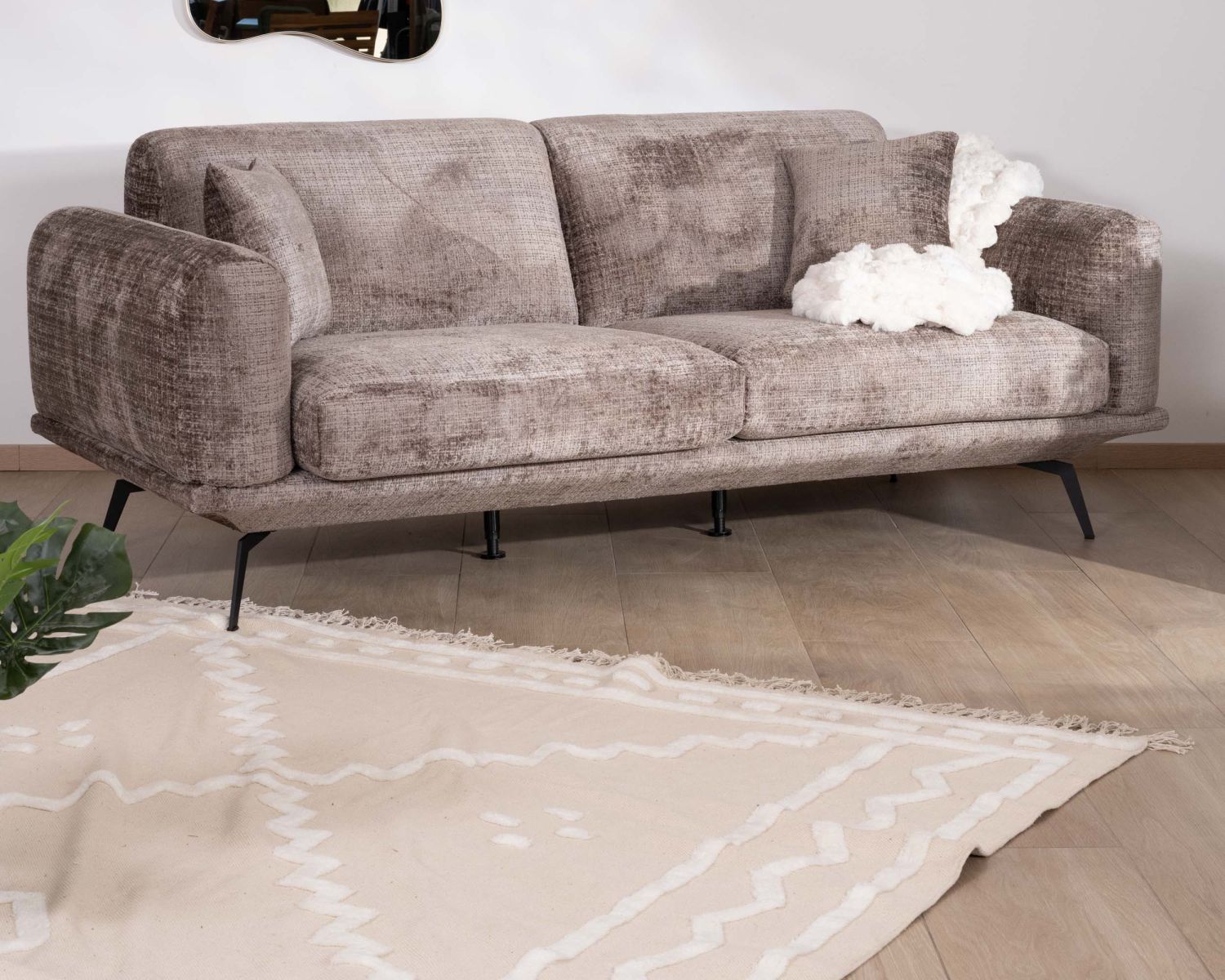 Divano a 3 posti in stile retrò "Paloma" in morbido tessuto di ciniglia grigio cenere