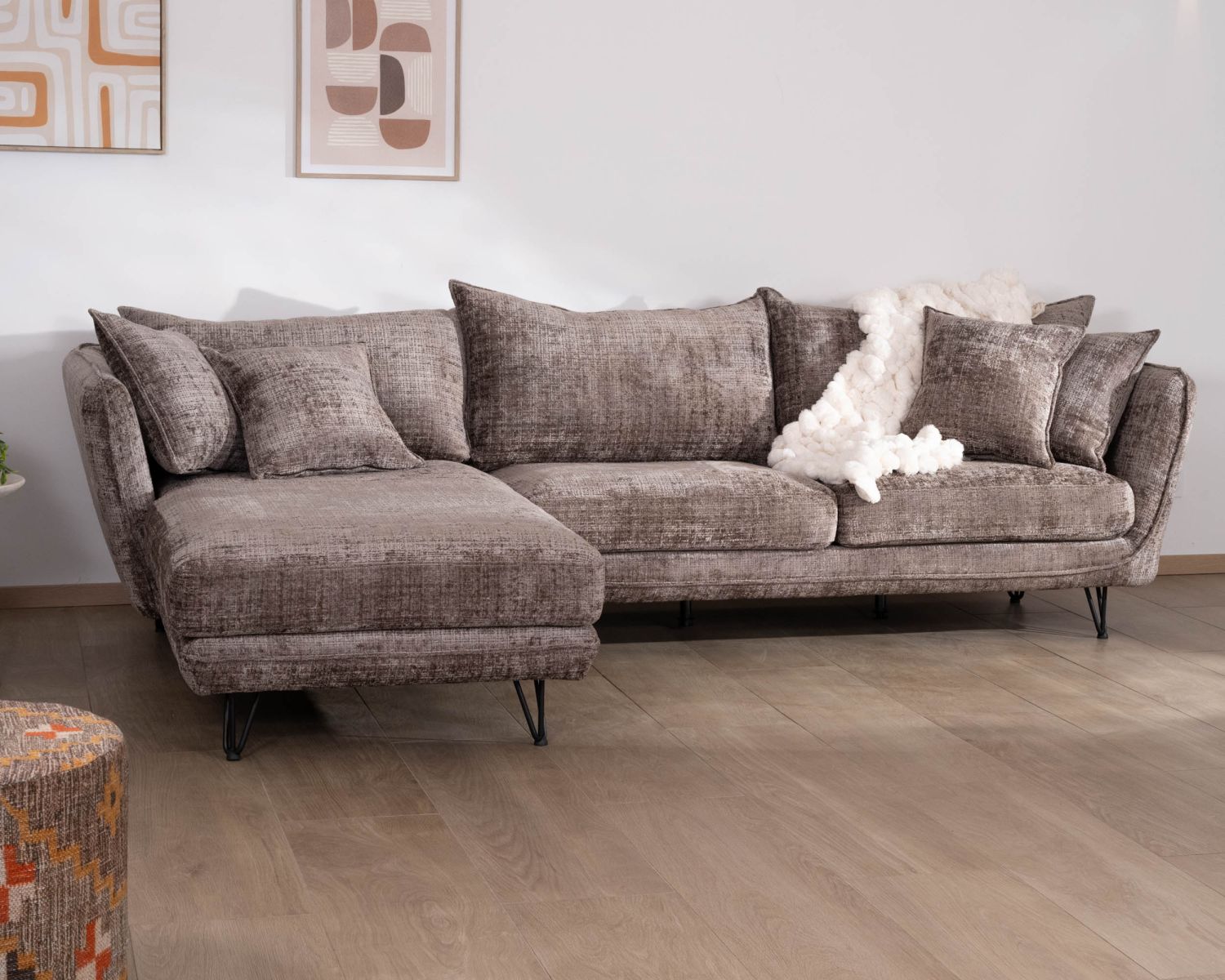 Divano angolare sinistro "Hasting" ultra-confortevole in morbido tessuto di ciniglia grigio cenere