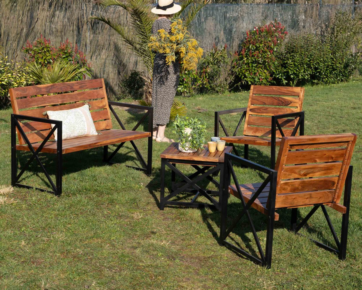 Panchina da giardino da 120 cm in legno e metallo "Gardénia