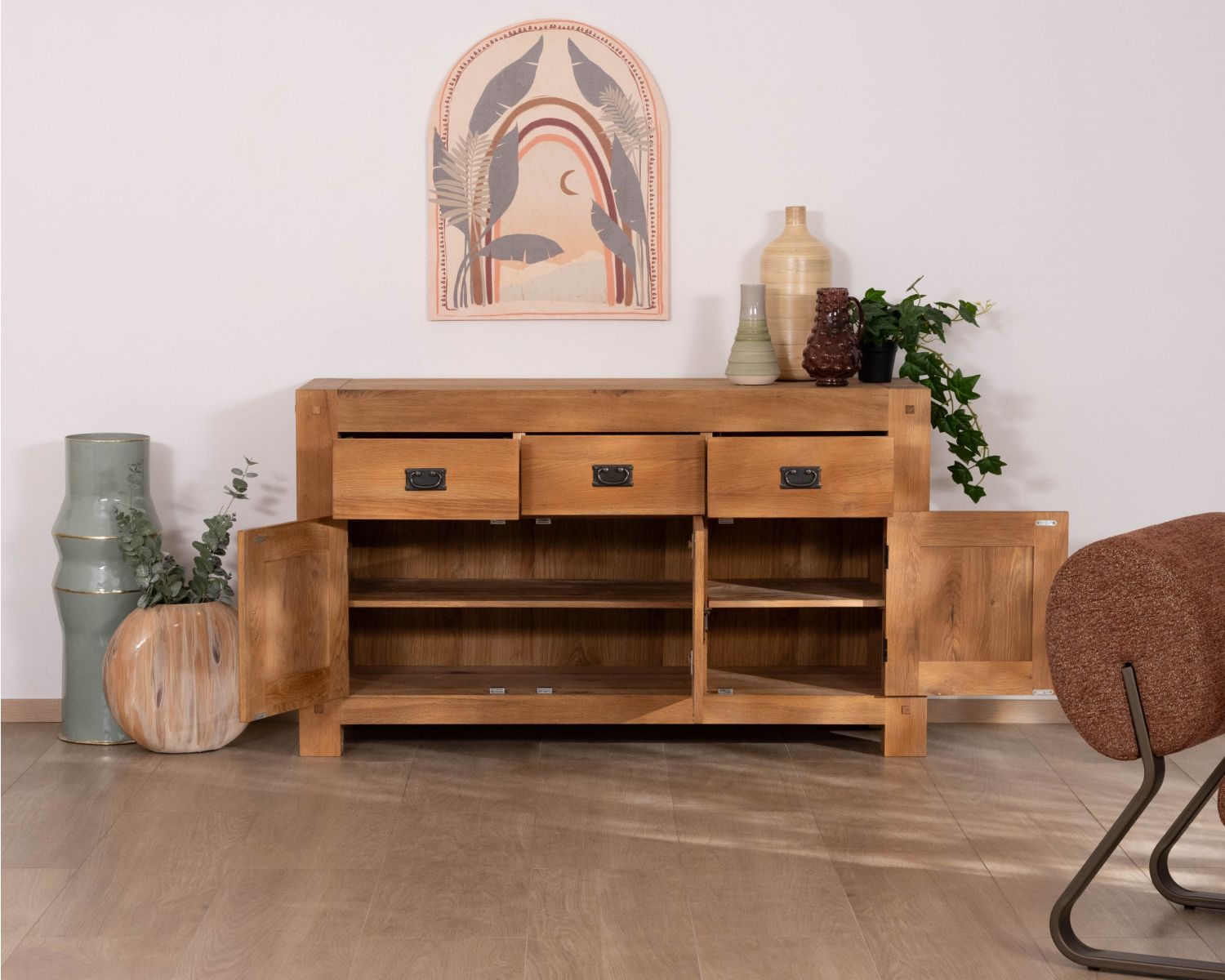 Credenza a 3 ante e 3 cassetti in rovere massiccio oliato "Lodge Casita