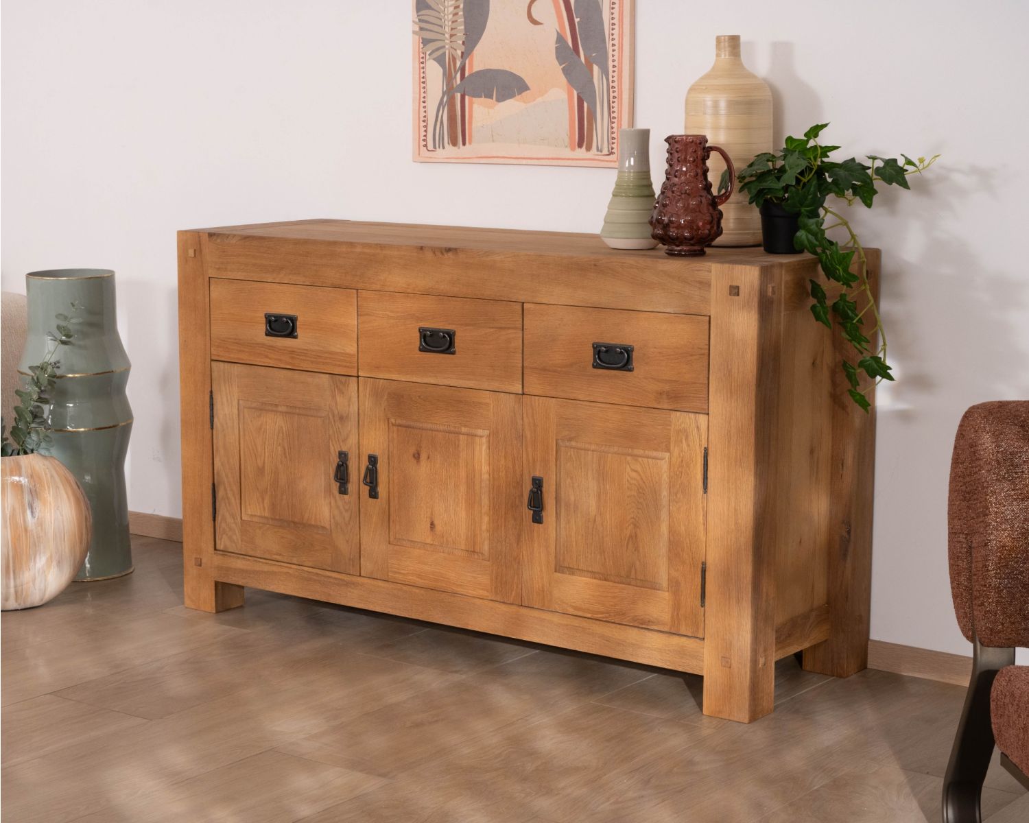 Credenza a 3 ante e 3 cassetti in rovere massiccio oliato "Lodge Casita