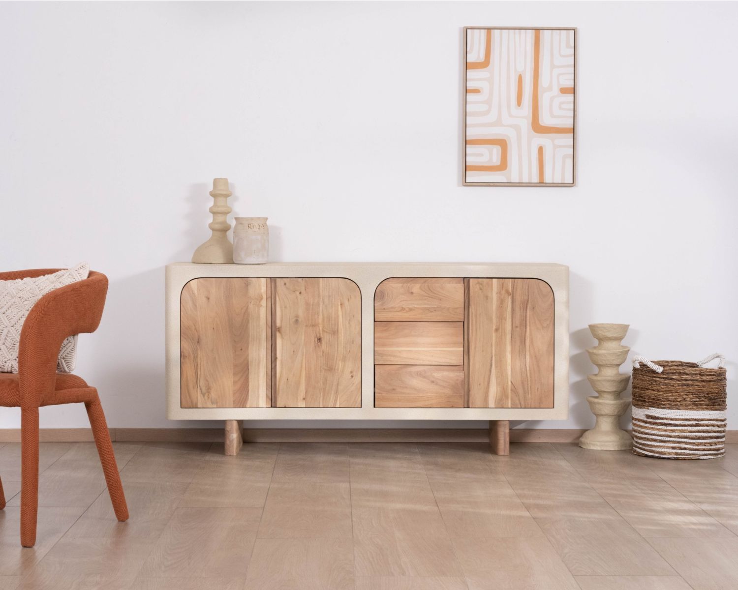 Credenza da 170 cm in stile organico con finitura effetto cemento sabbiato "Miona"
