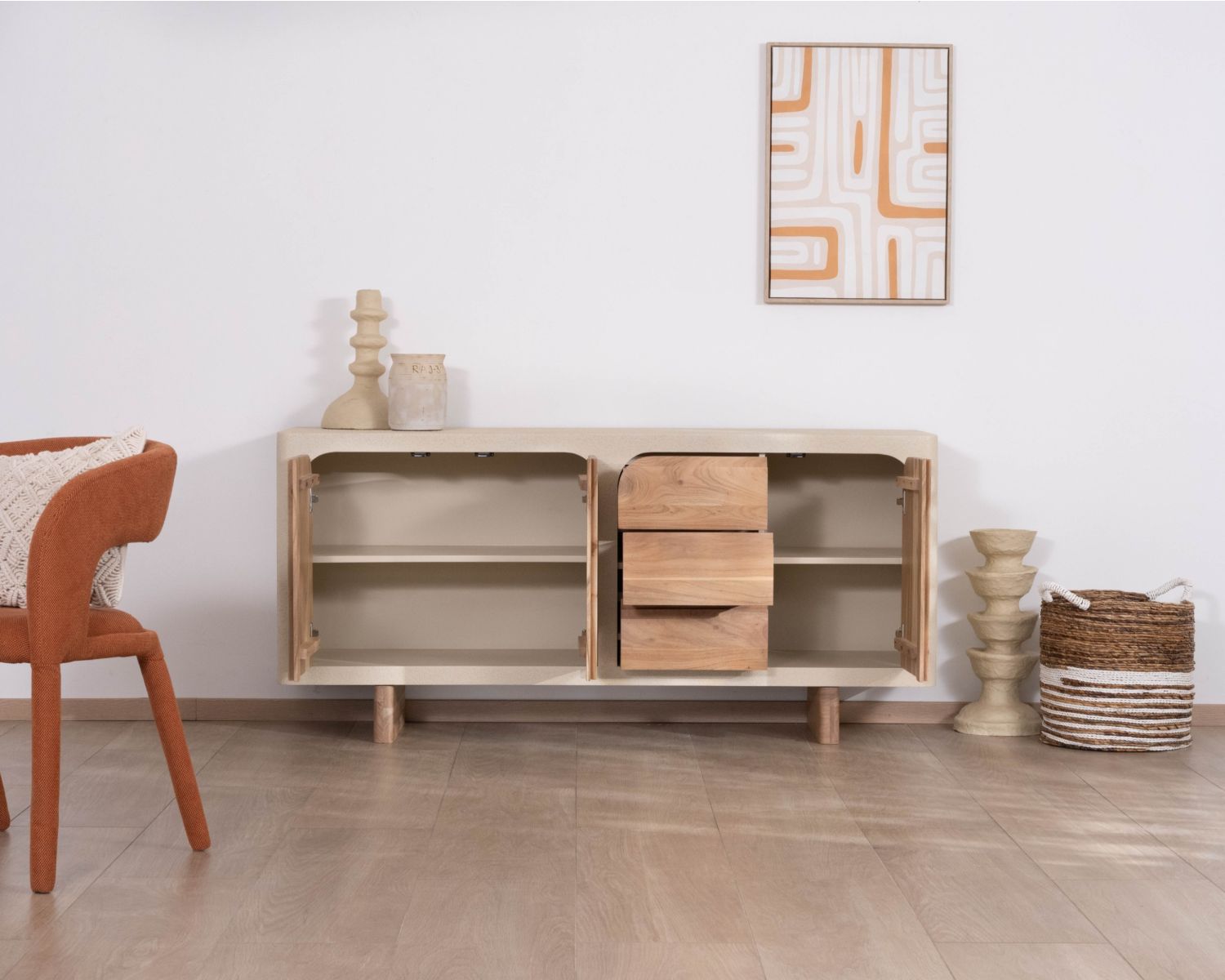 Credenza da 170 cm in stile organico con finitura effetto cemento sabbiato "Miona"