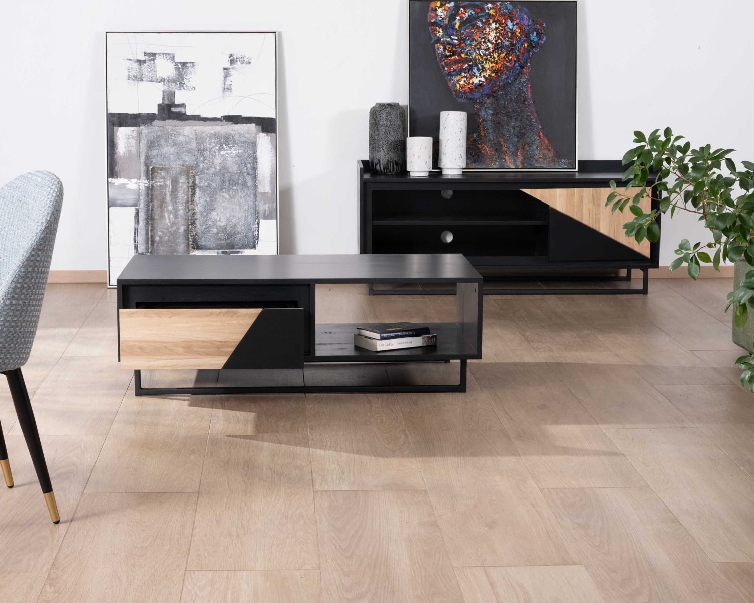 Tavolino in pino e rovere massiccio "Trace" da 120 cm