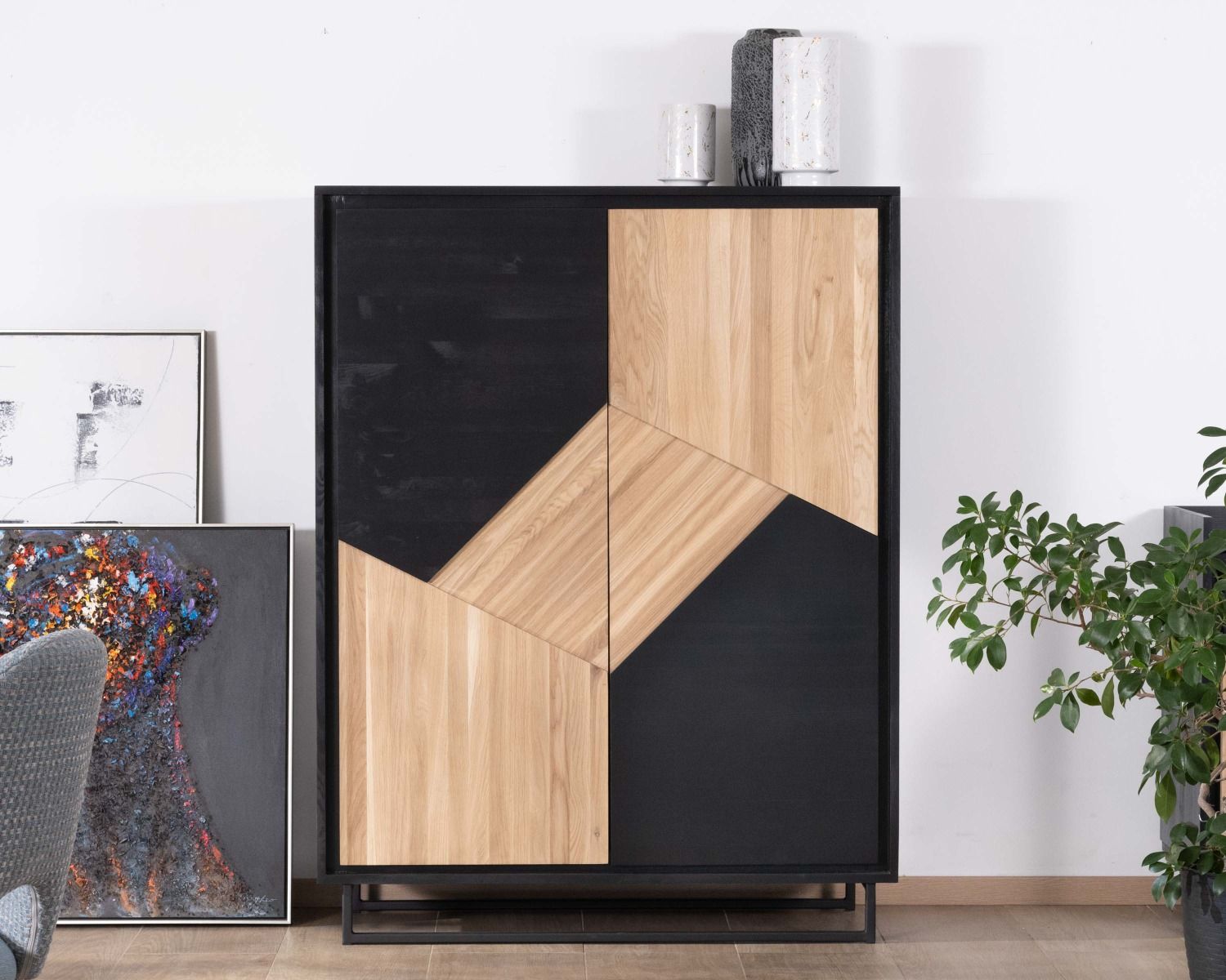 Armadio a 2 ante in legno massiccio "Trace" con finitura nera e olio sbiancato