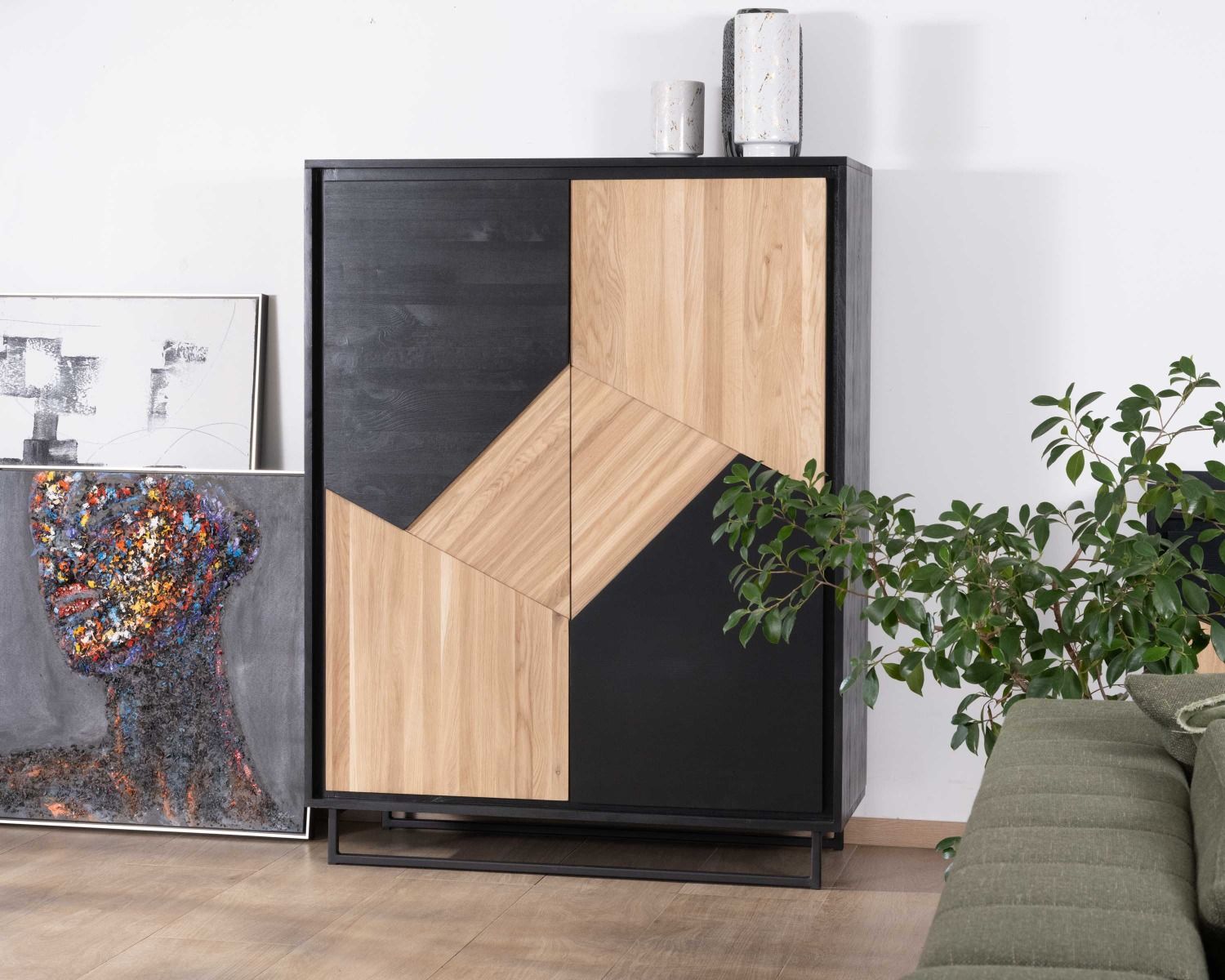 Armadio a 2 ante in legno massiccio "Trace" con finitura nera e olio sbiancato