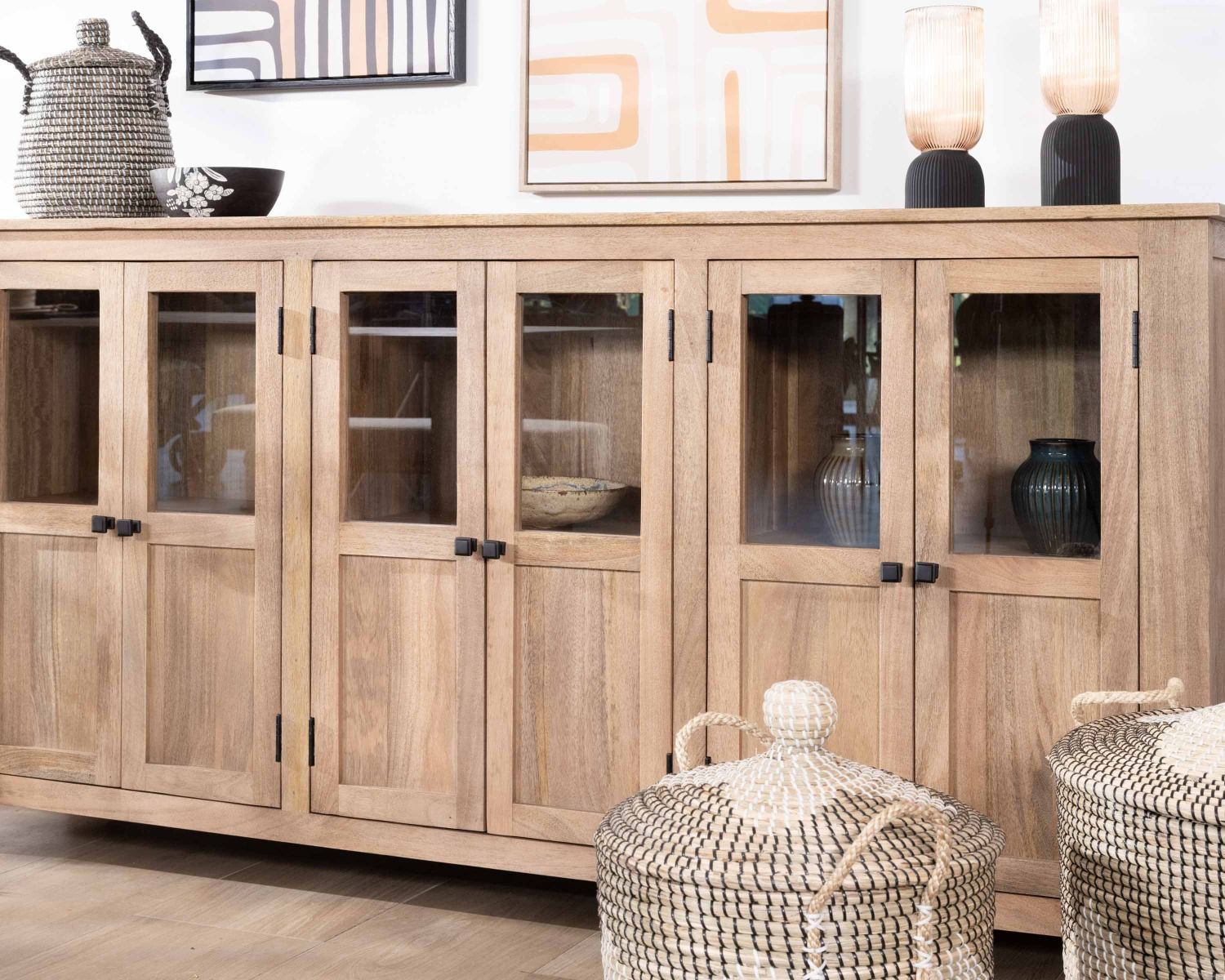 Credenza a 6 ante in vetro in legno massiccio di mango 190cm "Maestro