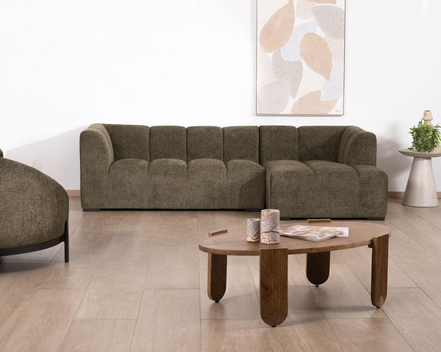 Divano con chaise longue "Enjoy Home" in tessuto bouclette verde