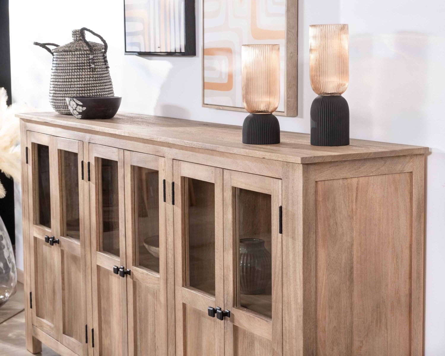 Credenza a 6 ante in vetro in legno massiccio di mango 190cm "Maestro