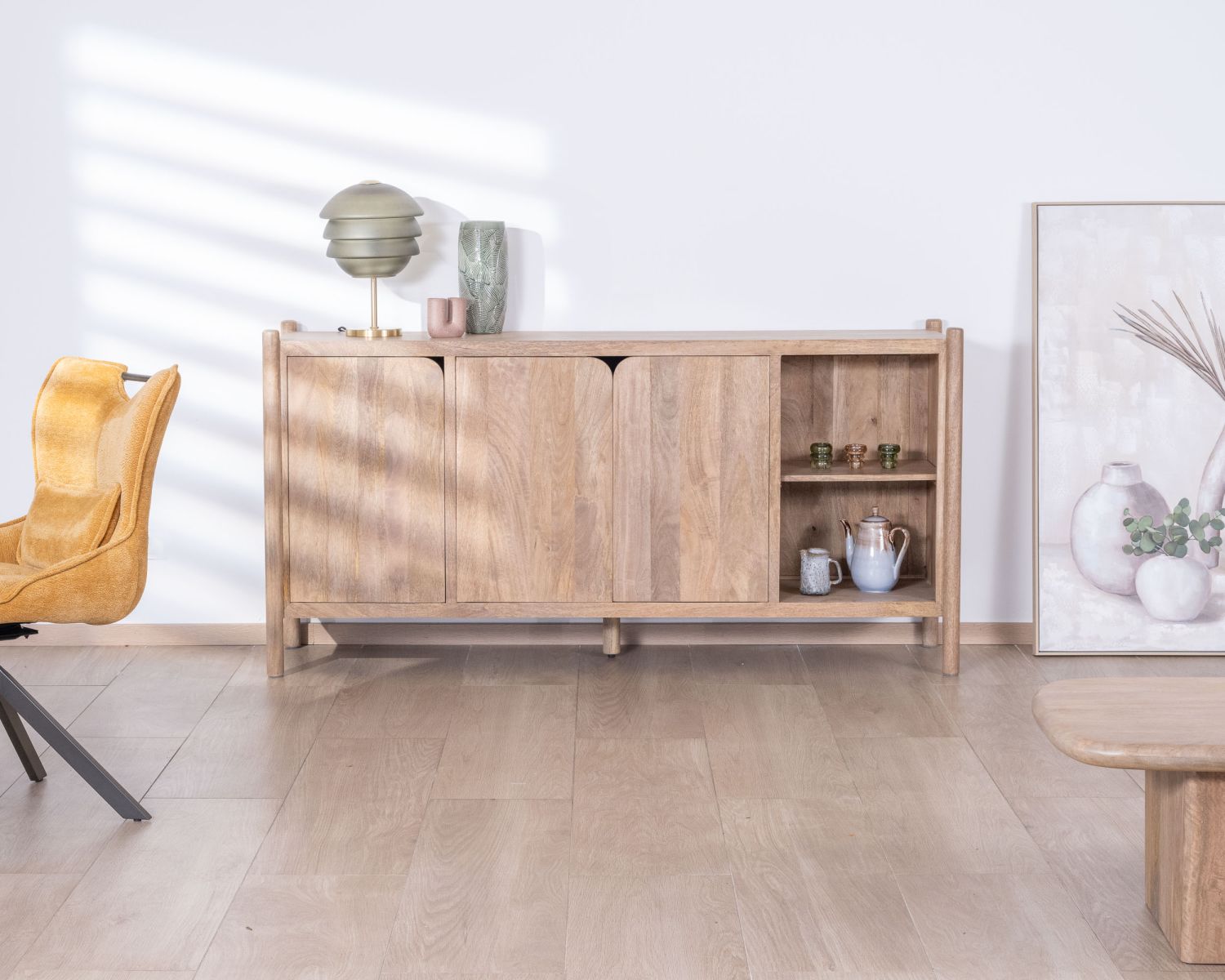 Credenza "Orobie" a 3 ante con nicchie in legno di mango, stile giapponese, 180 cm