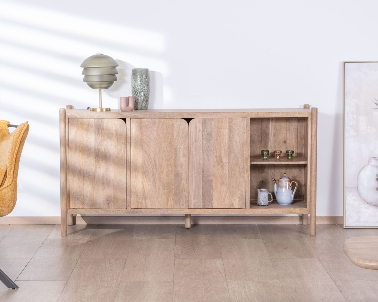 Credenza "Orobie" a 3 ante con nicchie in legno di mango, stile giapponese, 180 cm
