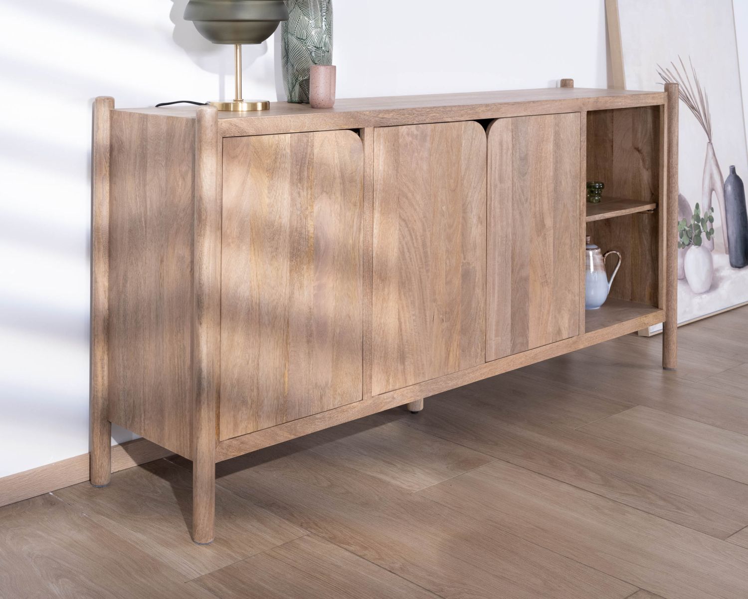 Credenza "Orobie" a 3 ante con nicchie in legno di mango, stile giapponese, 180 cm