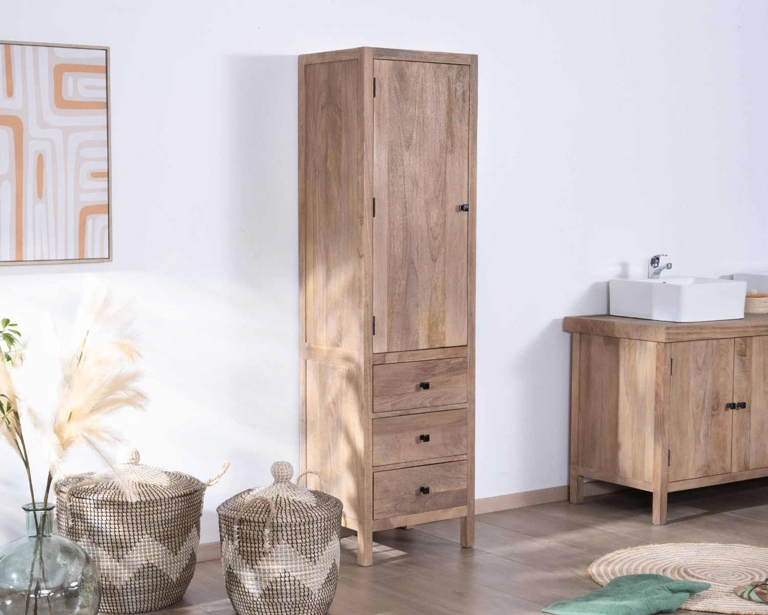 Contenitore "Maestro" in legno massiccio di mango con anta e cassetti